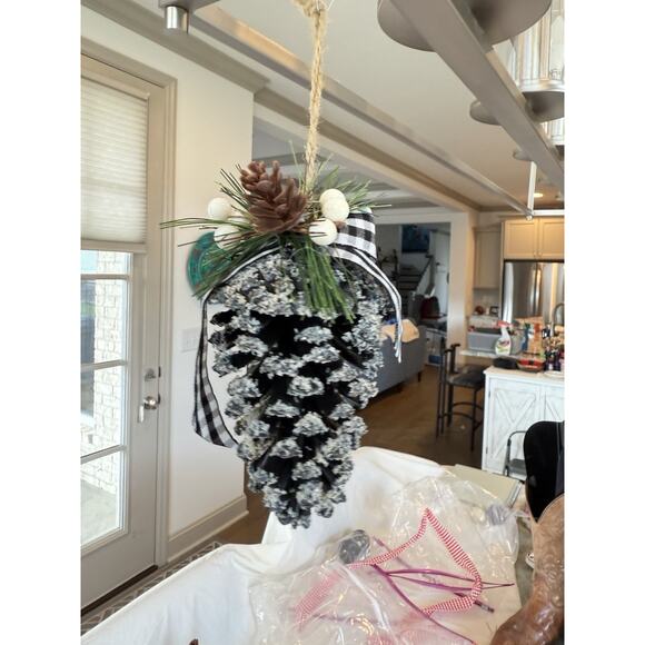 2 - Natural Looking Plastic Pine Cone Christmas Ornaments Buffalo Plaid Rustic - Picture 2 of 3